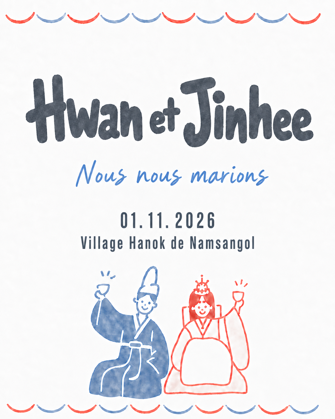 Hwan et Jinhee, mariage traditionnel coréen le 1er novembre 2026 à Namsangol Hanok Village
